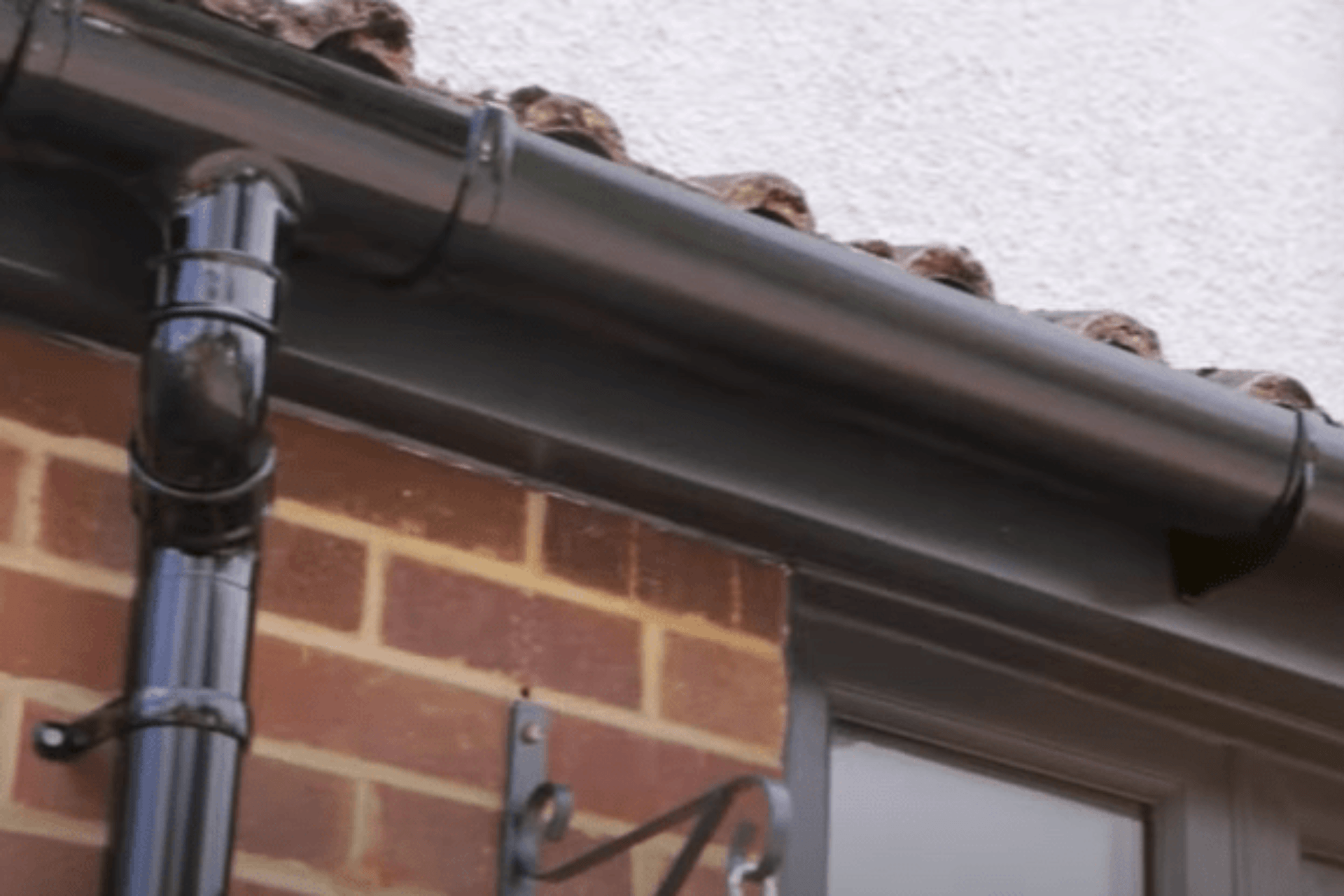 Gutters and downpipe that have been sprayed black