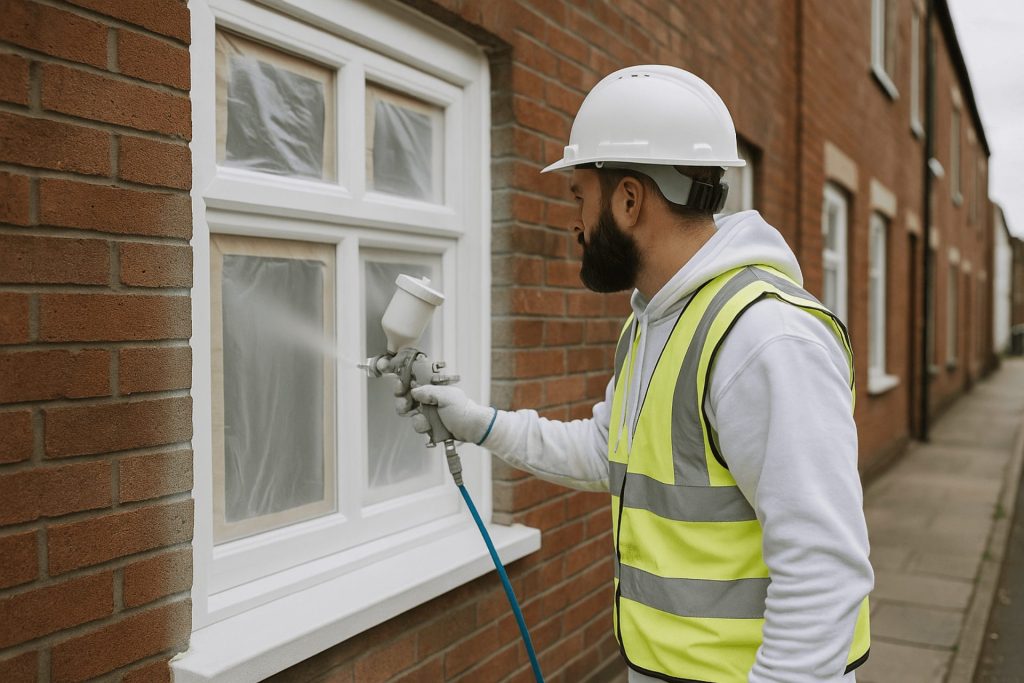 A Cardiff tradesperson in safety gear carefully spray painting UPVC window frames on a terraced house, showing a professional upvc painting Cardiff job
