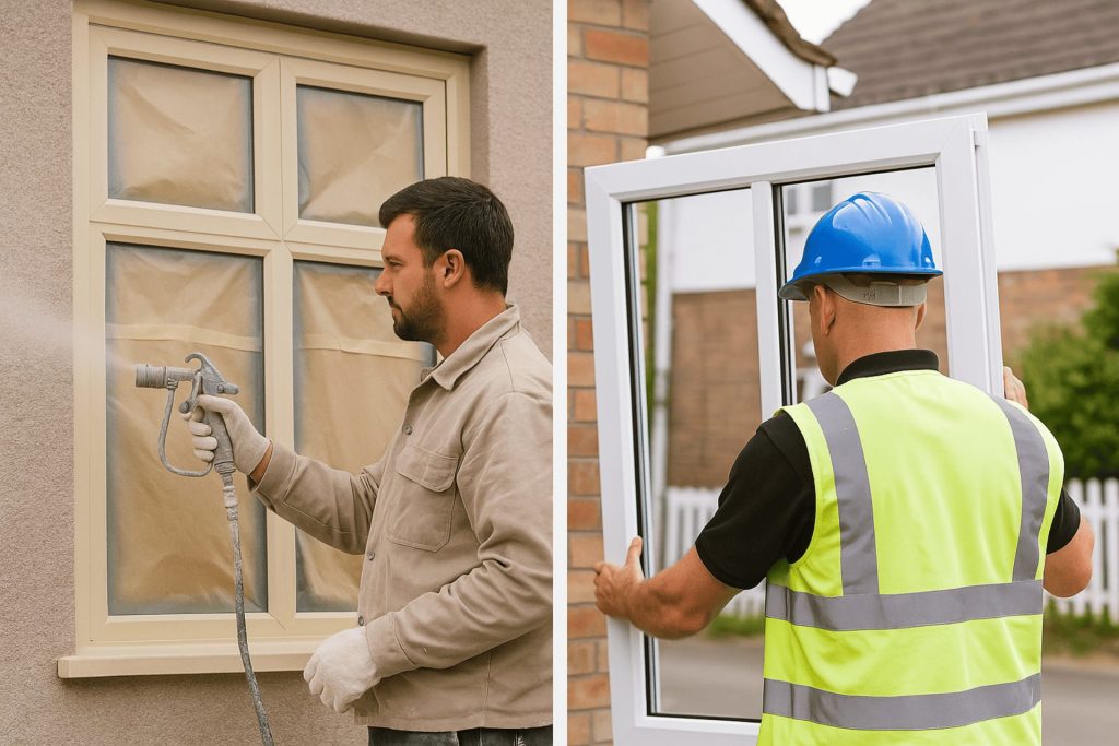 A split scene showing someone in Cardiff choosing to spray his UPVC windows on one side and another worker replacing a window frame on the other