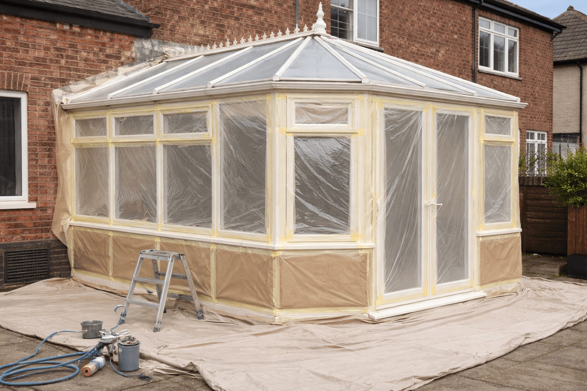 A white conservatory in Cardiff all masked off ready for spraying