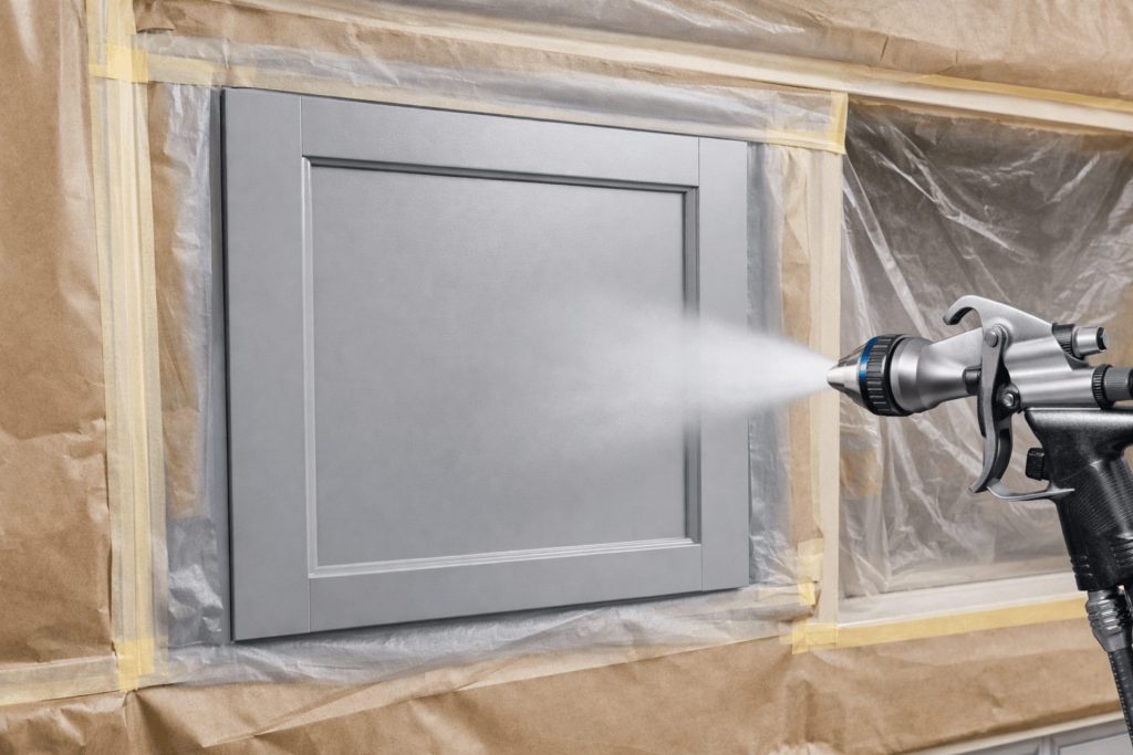 An image of kitchen cabinets being sprayed a grey colour