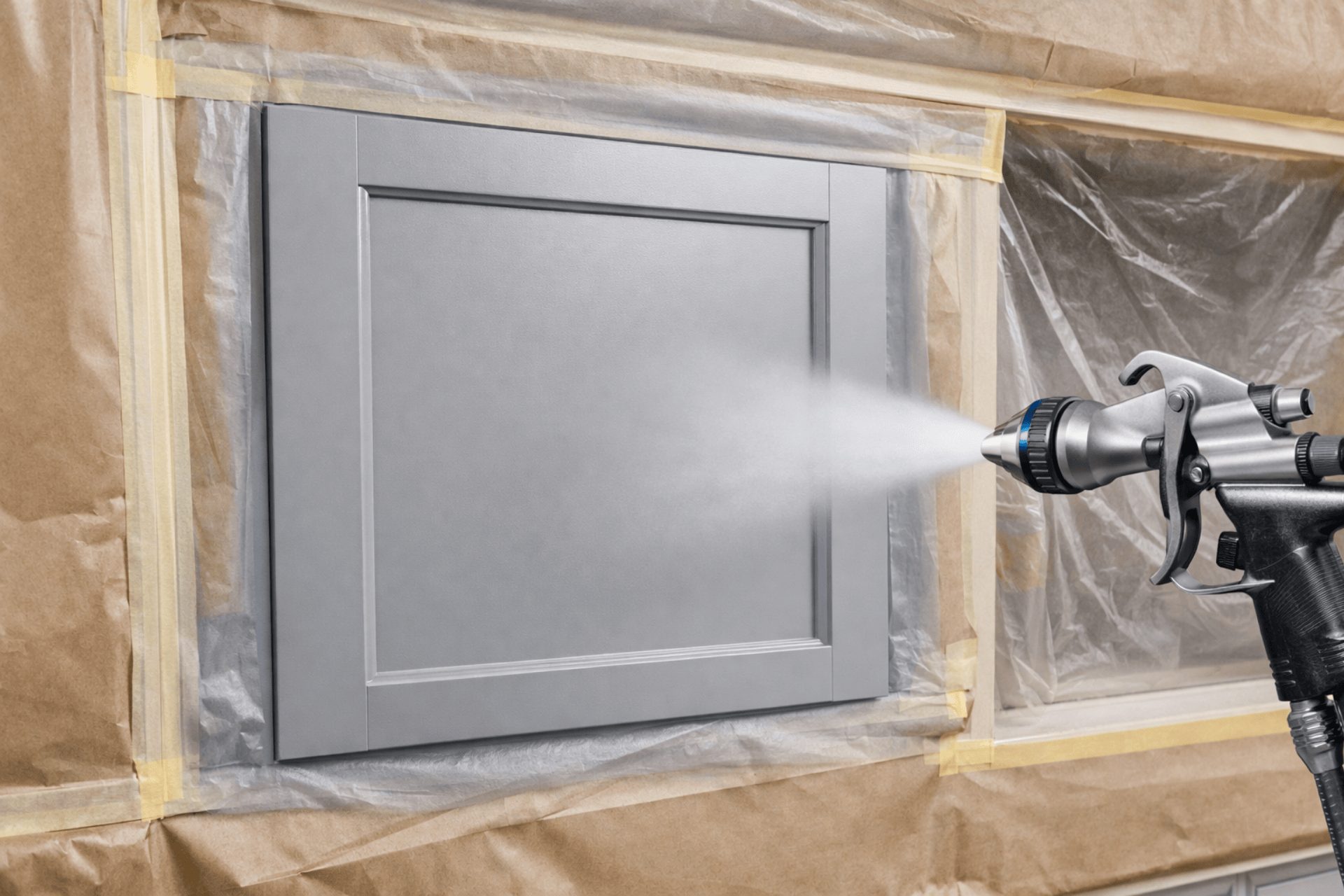 An image of kitchen cabinets being sprayed a grey colour