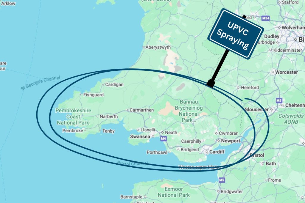 A circle around South Wales with a sign coming off that says UPVC spraying on it